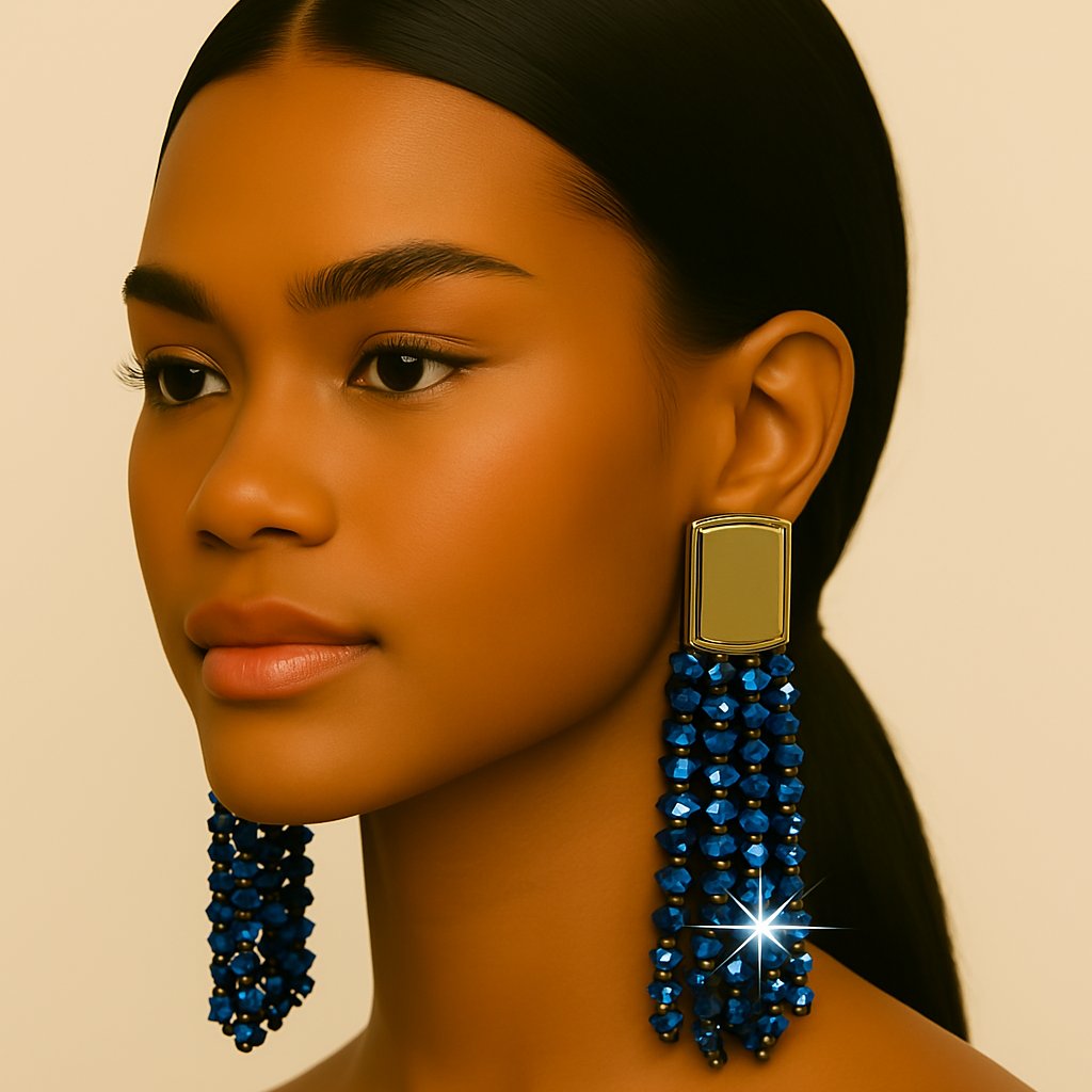 Open Edit Gold & Blue Beaded Tassel Clip-On Earrings Statement Boho Jewelry